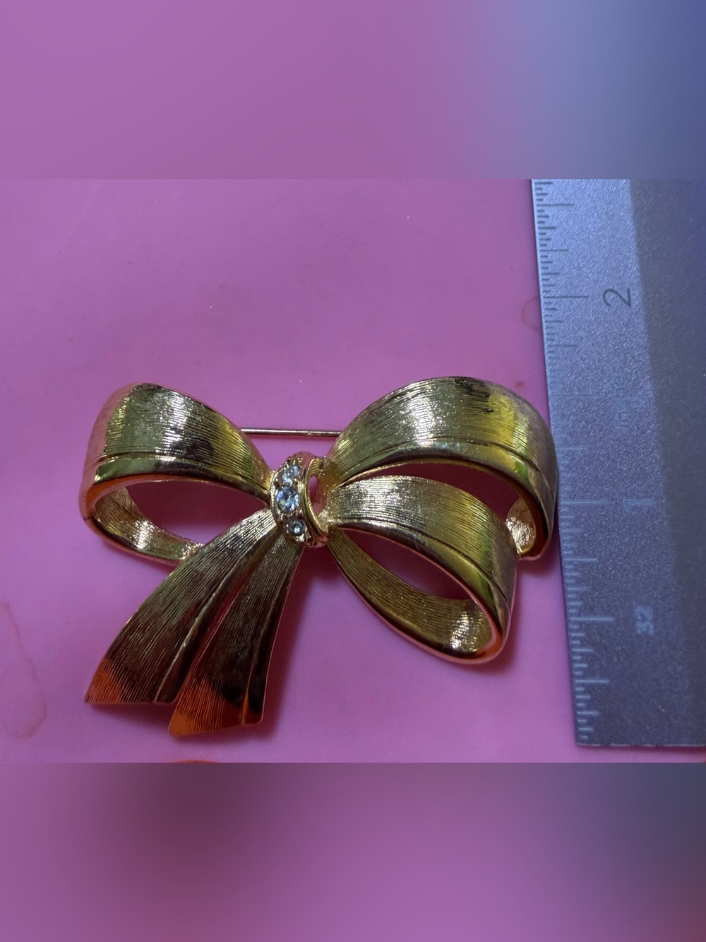 Vintage Avon Gold Tone Bow Brooch Clear Rhinestones Signed 1980s Ribbon Pin